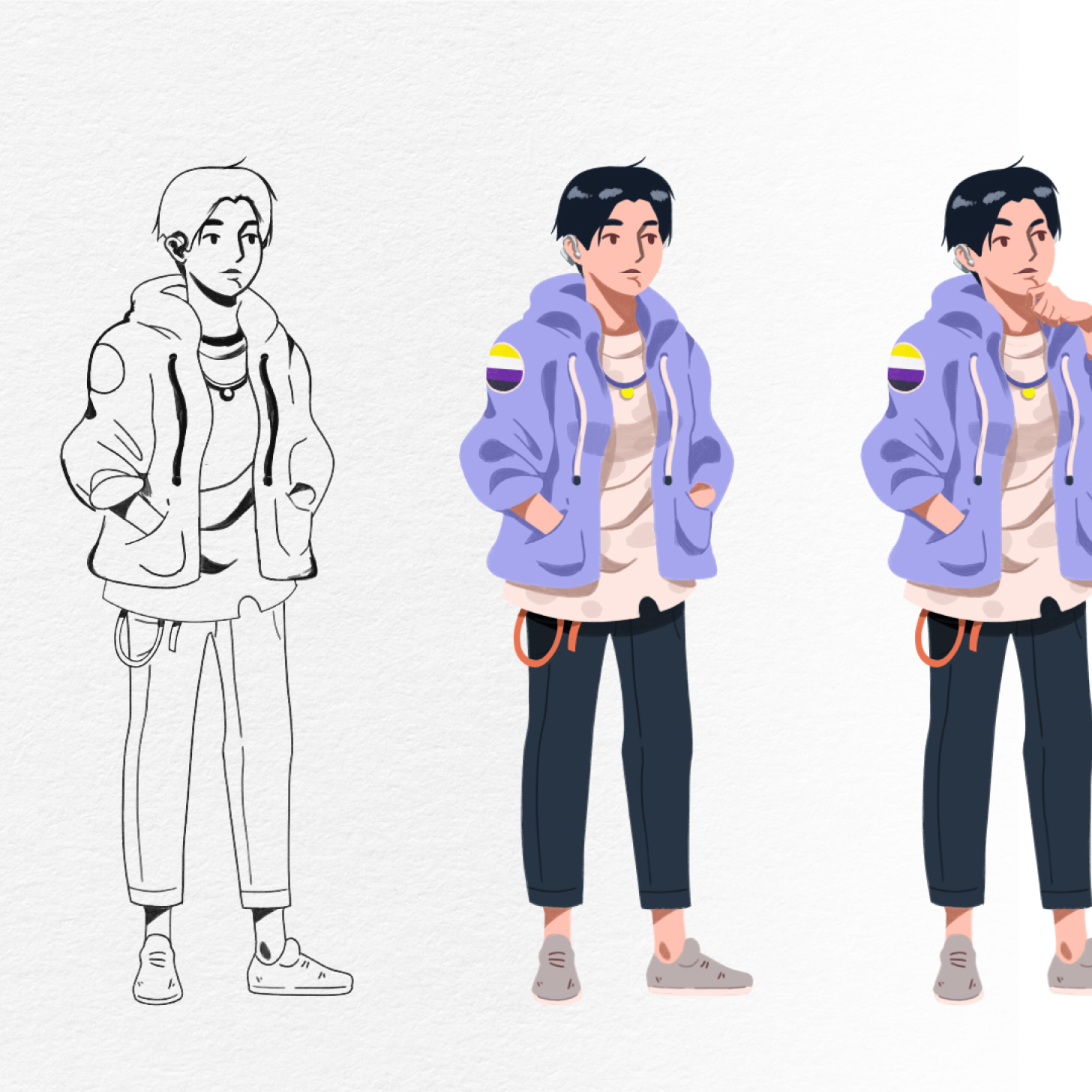A progression of a digital character drawing in three stages: a black and white sketch, a partially colored version, and the final colored rendition. The character has short black hair, wears a lavender hoodie with a pride flag patch, a beige shirt, and dark pants.