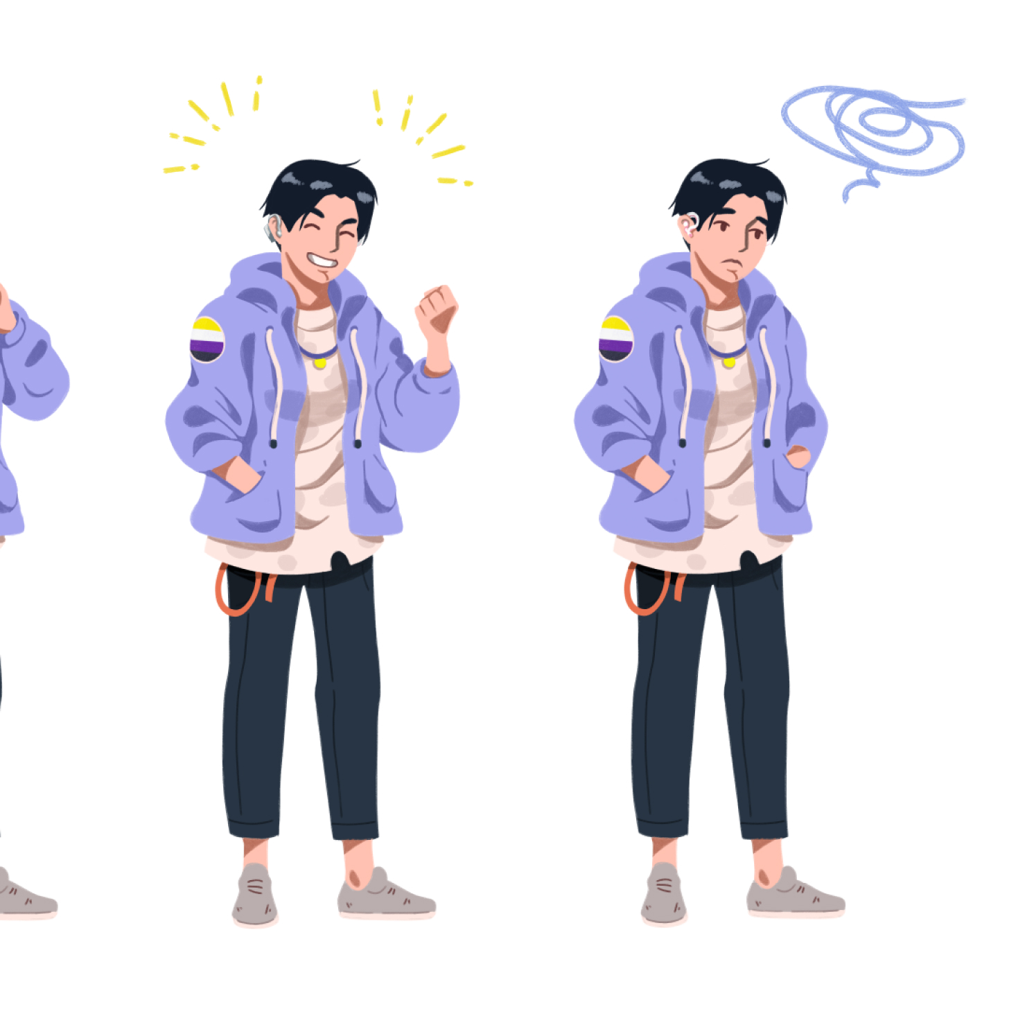 Illustration of a person with short black hair, wearing a light purple jacket, gray pants, and gray shoes. On the left, they are smiling with raised arm and sparkles around their head. On the right, they are frowning with a scribble above their head.
