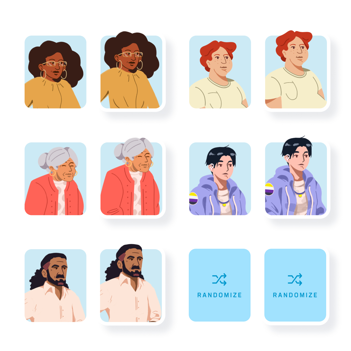 Illustration of nine diverse characters in individual portraits arranged in a 3x3 grid, featuring various ages, genders, and ethnic backgrounds. Below the portraits, two buttons display the word "RANDOMIZE" with shuffle icons, suggesting a random character generation feature.