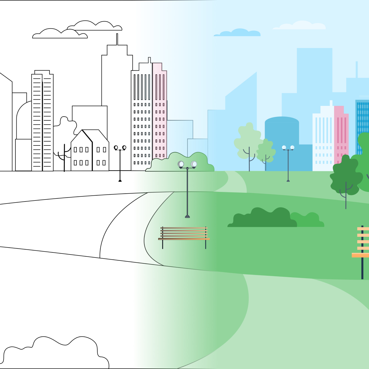 Illustration split into two halves: the left side is a black and white drawing of a city park with buildings, trees, and paths; the right side is a colorful depiction of the same scene, showing green grass, plants, and blue skies.