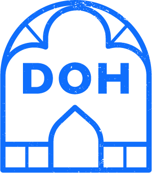 Blue, stylized line art of a building arch with the letters "DOH" centered inside. The design uses simple geometric shapes and clean lines on a transparent background.