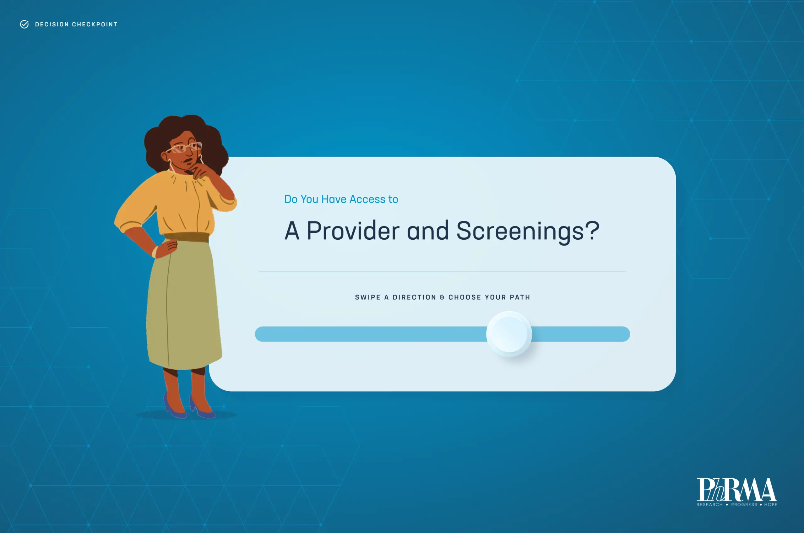 Illustration of a person thinking, next to a large search bar that reads "Do You Have Access to A Provider and Screenings?" Below the question are instructions to swipe and choose a path. The background is blue with triangular patterns, featuring the PERMA logo.