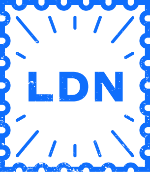 Blue outlined stamp shape with the letters "LDN" in bold blue font at the center, surrounded by small lines radiating outward, all on a black background.