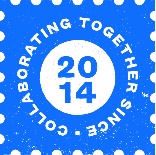 A blue circular stamp with "2014" in bold white numbers at the center and the words "COLLABORATING TOGETHER SINCE" written around the edge in all caps.