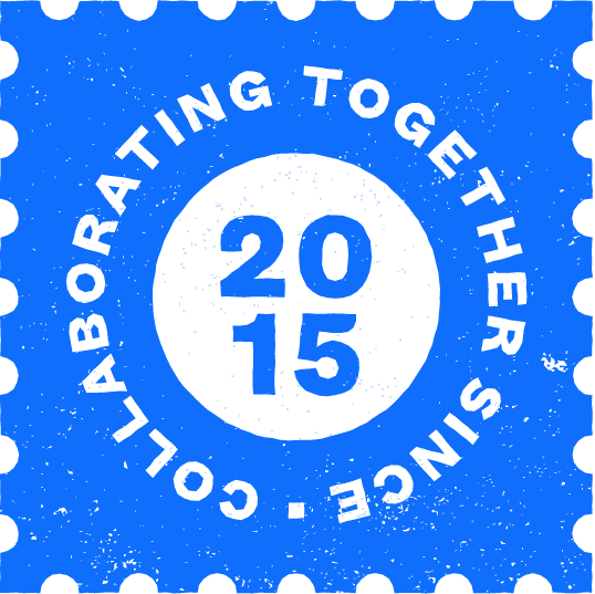 A blue circular graphic with the text "COLLABORATING TOGETHER SINCE 2015" written around the edge and "2015" in bold white numbers in the center.