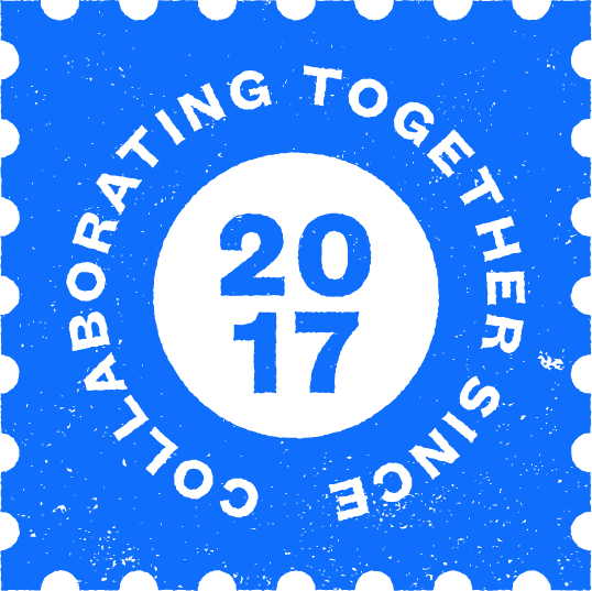A blue graphic with a black circle in the center displaying "2017." Around the circle, black text reads "Collaborating Together Since" in a circular layout. The border features a dotted pattern.