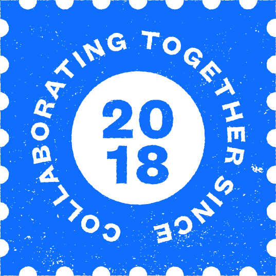 A blue graphic with a black circle in the center displaying "2018" in bold white text; surrounding text reads "COLLABORATING TOGETHER SINCE" in a circular layout.