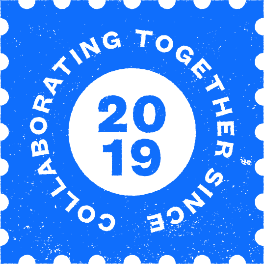 A blue stamp-like graphic with a black center circle displaying "2019." The text "COLLABORATING TOGETHER SINCE" forms a circular border around the number. Black dots outline the image.