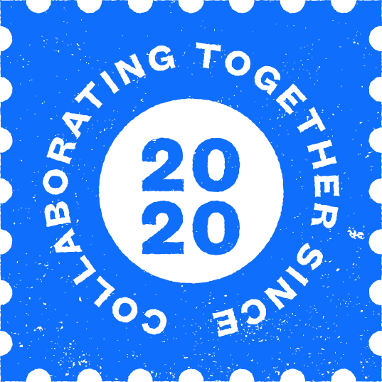 A blue graphic with a black circle in the center displaying "2020." Around the circle, the text reads, "Collaborating Together Since" in a circular pattern.