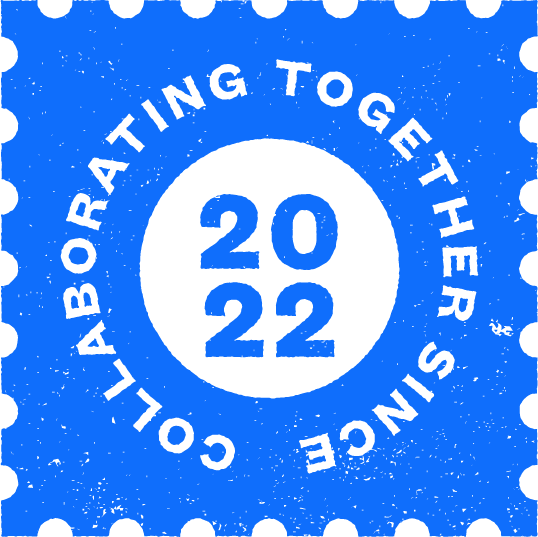 A blue graphic with black dots and a central circle displaying “2022.” Around the circle, the words “Collaborating Together Since” are written in a circular pattern.