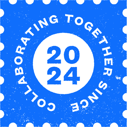 A blue graphic with a black circle in the center displaying "2024" and the words "Collaborating Together Since" encircling it in bold black letters. Black dots border the edges.