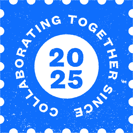 A blue circular graphic with a black center shows "2025" in bold. Around the circle, in black text, it reads: "COLLABORATING TOGETHER SINCE." The background has a dotted border design.