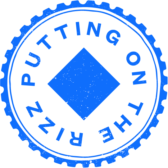 A blue circular stamp with a scalloped edge features the text "PUTTING ON THE RIZZ" surrounding a solid blue diamond shape in the center, all on a black background.