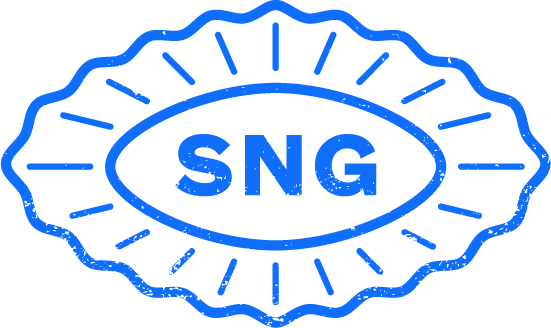Blue outlined emblem with scalloped edges and radiating lines, containing the bold capital letters "SNG" centered inside an oval.