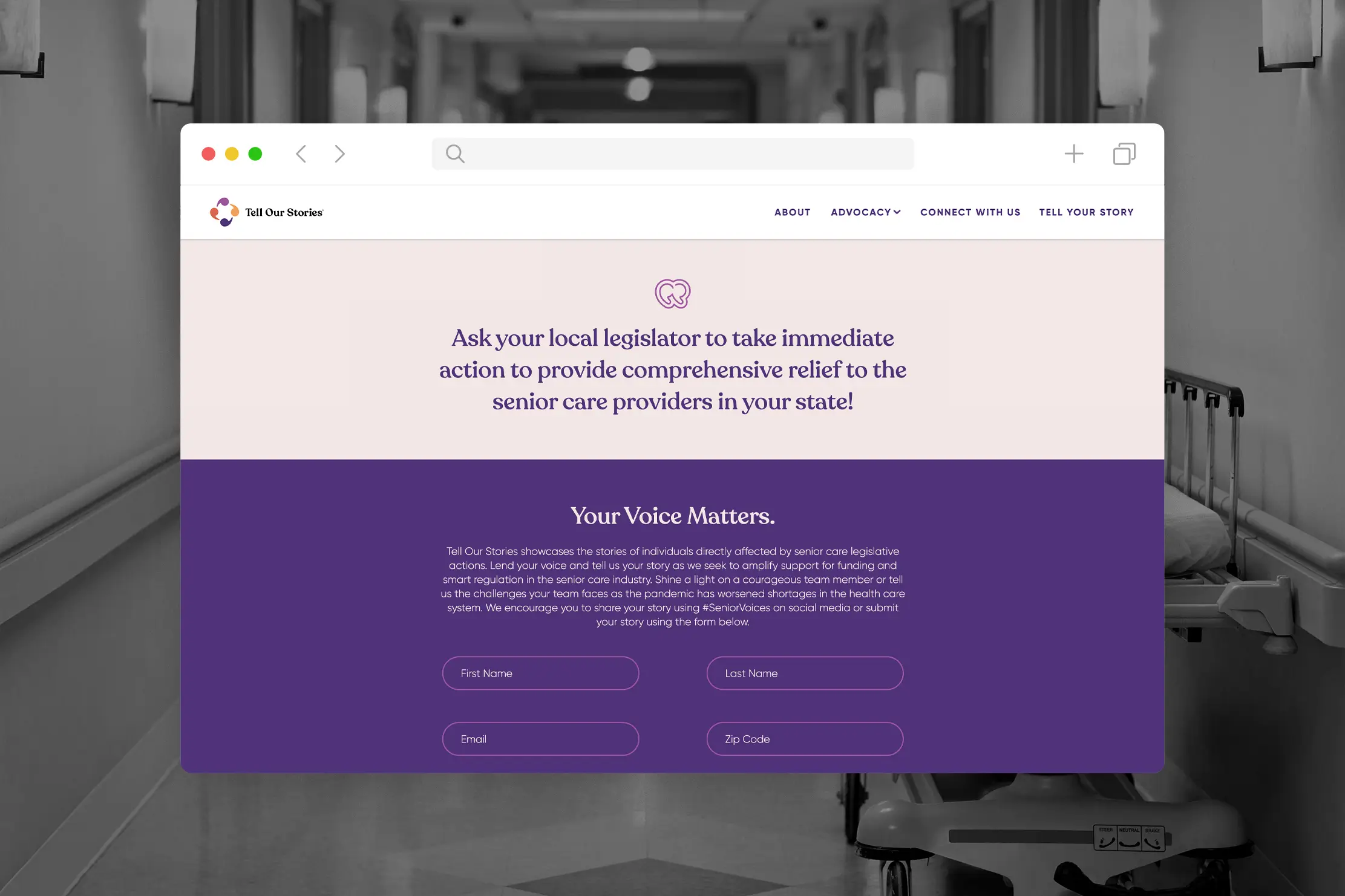 A website displayed over a background of a hospital hallway prompts users to join a rapid-response campaign urging local legislators to provide relief to senior care providers. It includes sections labeled "About," "Advocacy," and forms for name, email, and zip code.