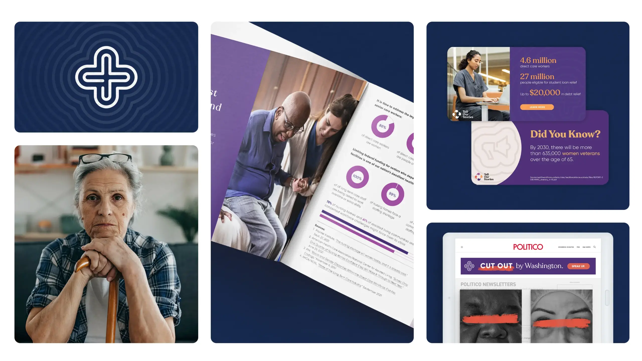 A collage of five different images includes a senior woman with glasses using a walking cane, a healthcare document with charts, a healthcare professional assisting a senior man, an infographic with healthcare statistics, and a screenshot of a POLITICO article highlighting advocacy campaigns.