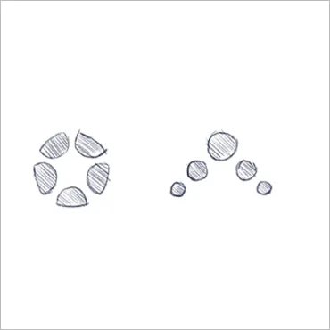 A white background features two sets of shaded, irregularly shaped ovals arranged to form distinct patterns. The set on the left resembles a circle, while the set on the right is arranged in a triangular shape.