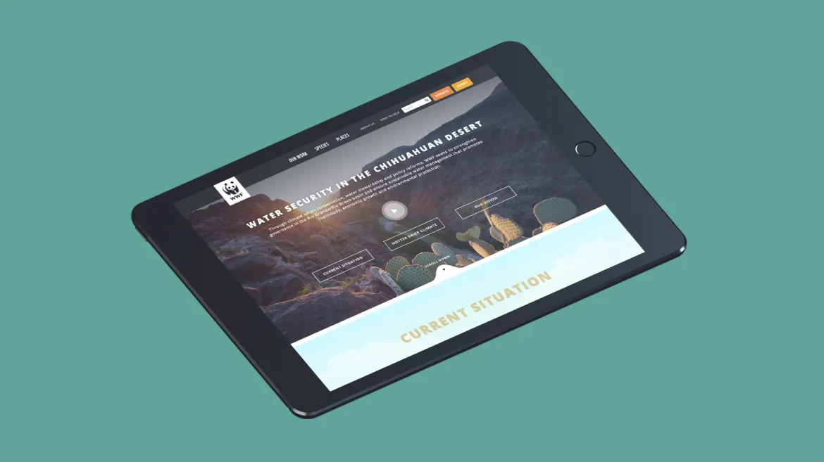 A tablet displaying a website with a focus on water security in the Chihuahuan Desert. The screen shows a background image of a desert landscape with interactive options and a section labeled "Current Situation." Highlighting policy communication efforts, the tablet is set against a green background.