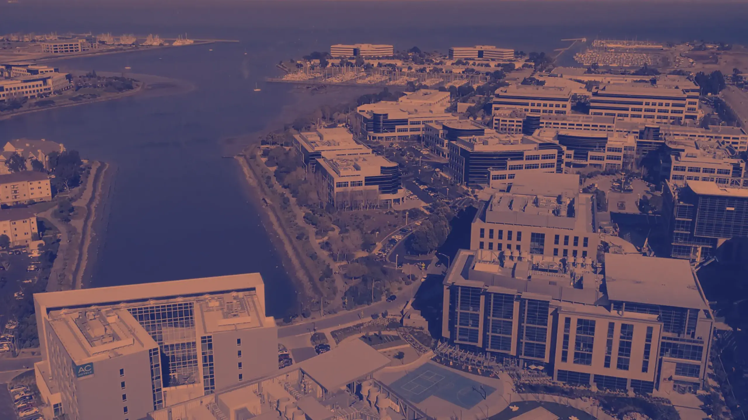 Aerial view of a coastal urban area featuring multiple large buildings and office complexes. The coastline is visible on the left, with water extending to the horizon. Roads and green spaces are interspersed among the buildings. The image has a purple hue, showcasing APMI's creative storytelling in video production.