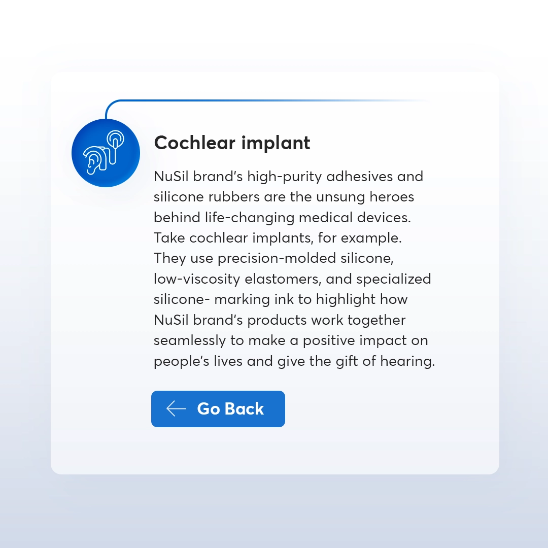A graphical text about cochlear implants states NuSil brand's high-purity adhesives and silicone rubbers are crucial for medical devices. It details how NuSil products enhance cochlear implants, emphasizing their positive impact on people's lives with a "Go Back" button.