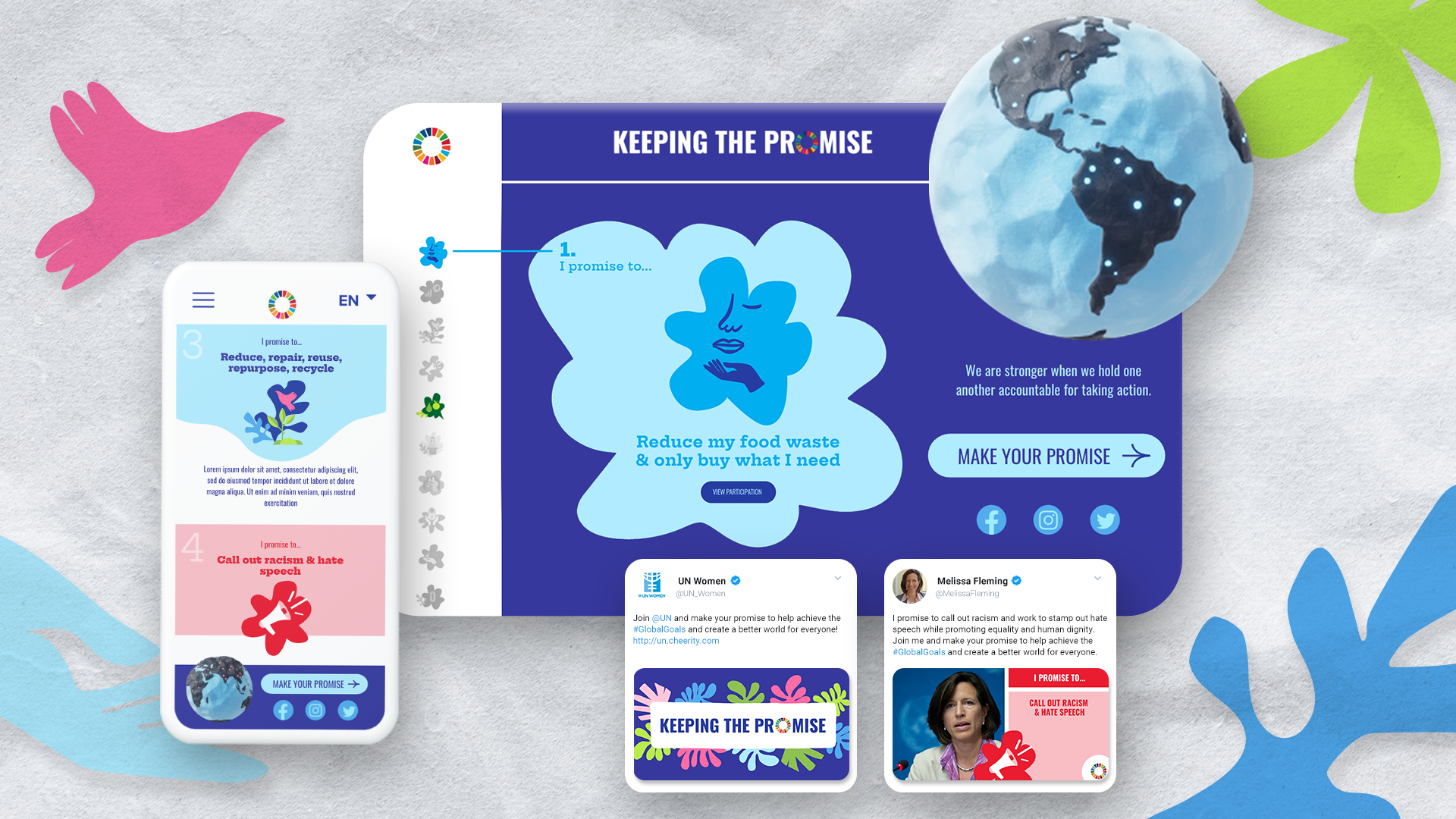 A digital collage featuring a smartphone, tablet, and printed cards with environmental themes. The center highlights a pledge to reduce food waste. The background showcases a globe and eco-friendly graphics like birds and leaves, with various social media posts displayed.
