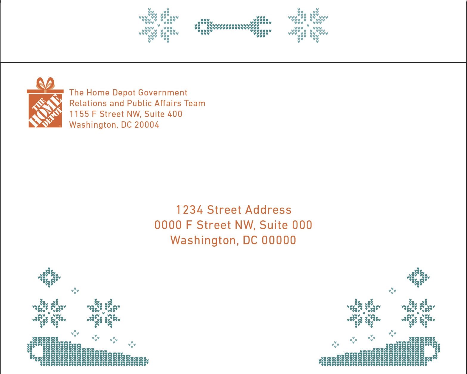 Festive invitation with the Home Depot logo and address at the top. The design includes a decorative wrench and saw pattern in green with snowflakes. The recipient's address is centered below, using placeholder text for street address in Washington, DC.