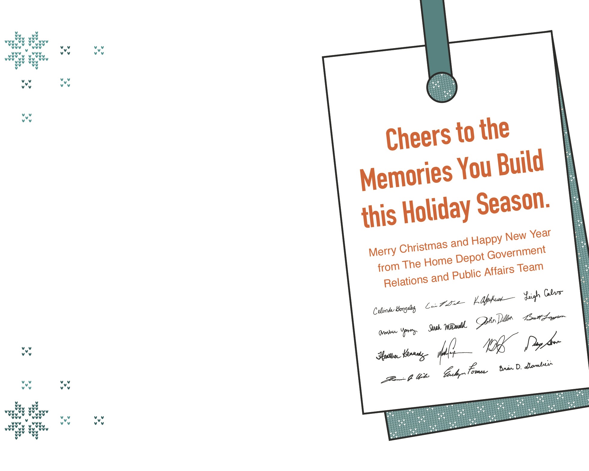 A festive note with a snowflake border reads: "Cheers to the Memories You Build this Holiday Season. Merry Christmas and Happy New Year from The Home Depot Government Relations and Public Affairs Team," followed by signatures.