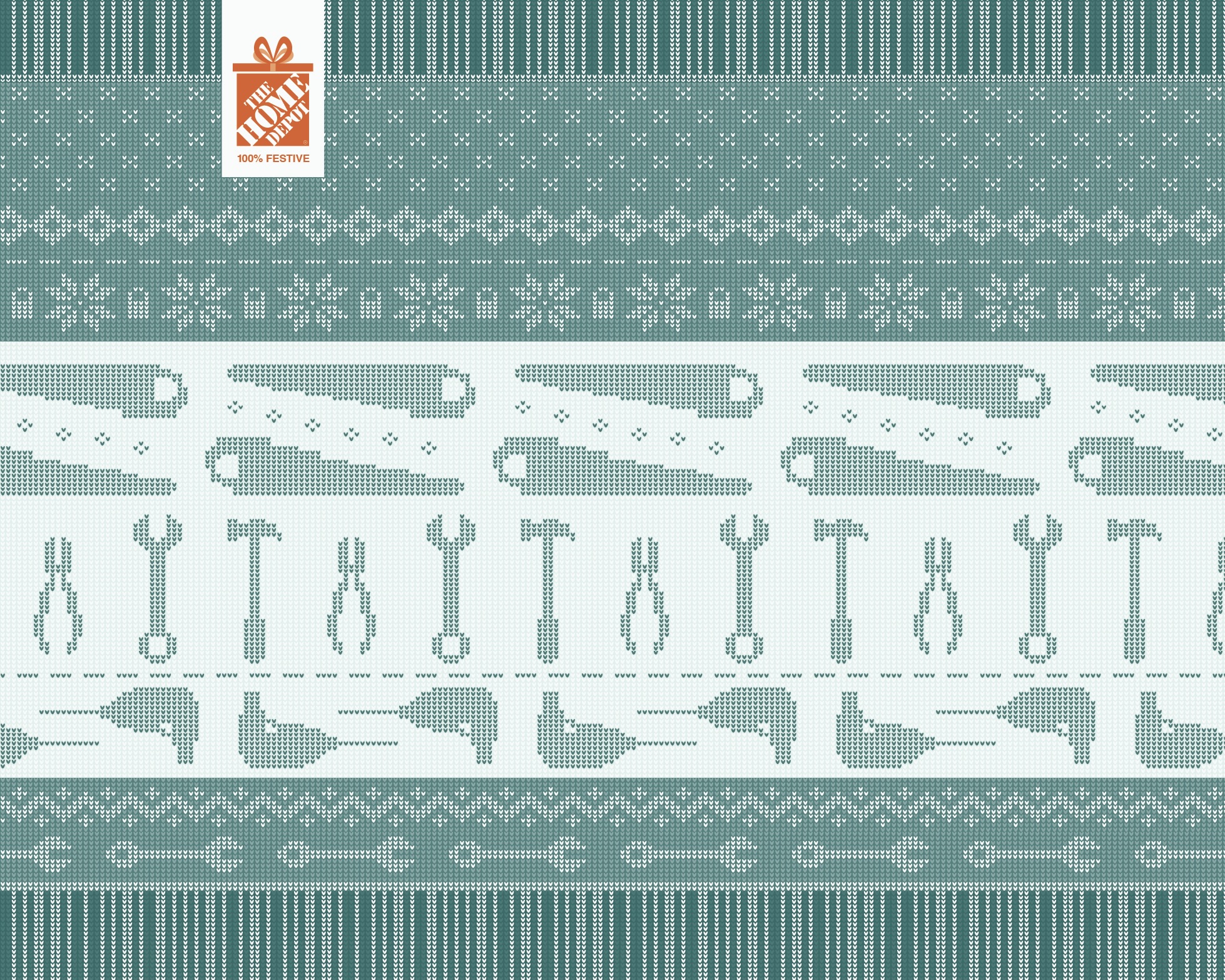 A teal and white pixelated pattern featuring saws, hammers, screws, and wrenches. The top left shows a small gift icon with the words "You Festive." The design resembles a knitted sweater.
