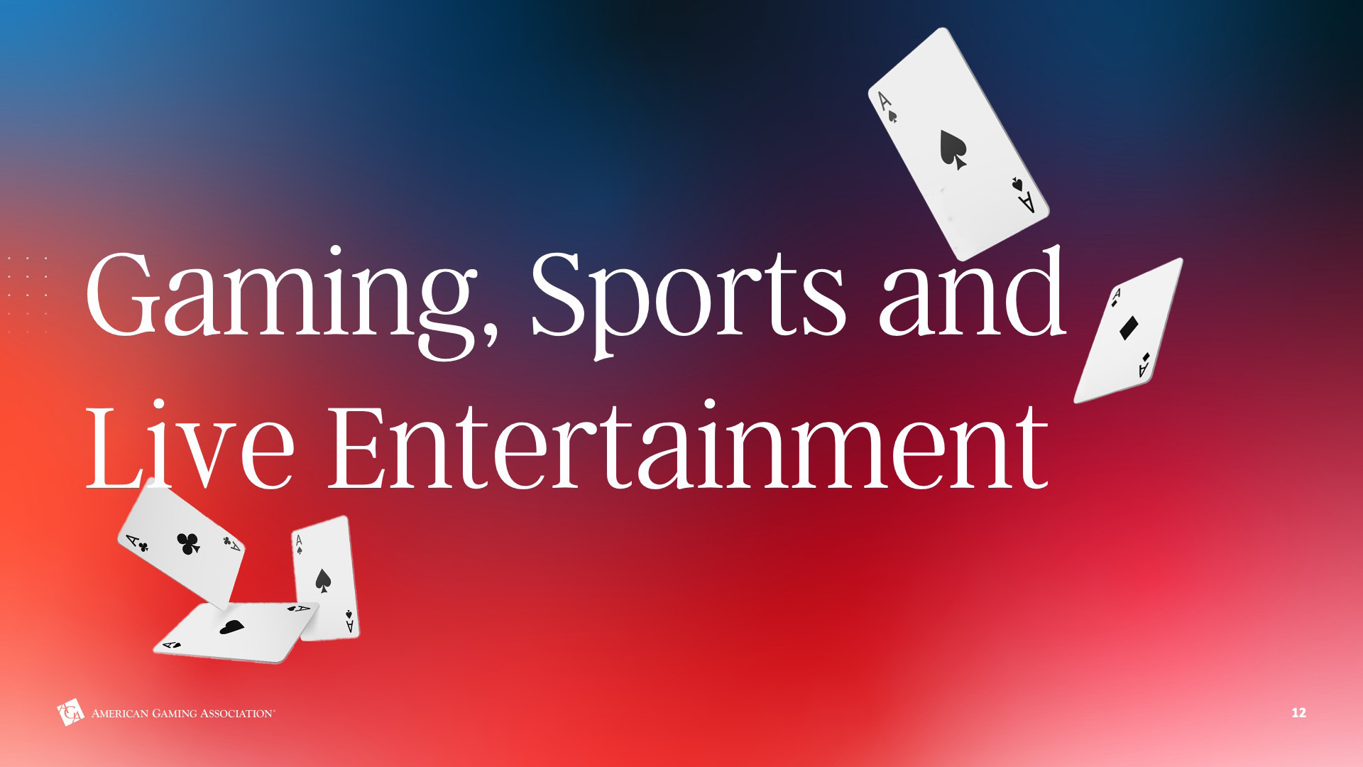 The image features a gradient background from blue to red, with four playing cards mid-air. The large white text reads, "Gaming, Sports and Live Entertainment." A small logo at the bottom left says "American Gaming Association.