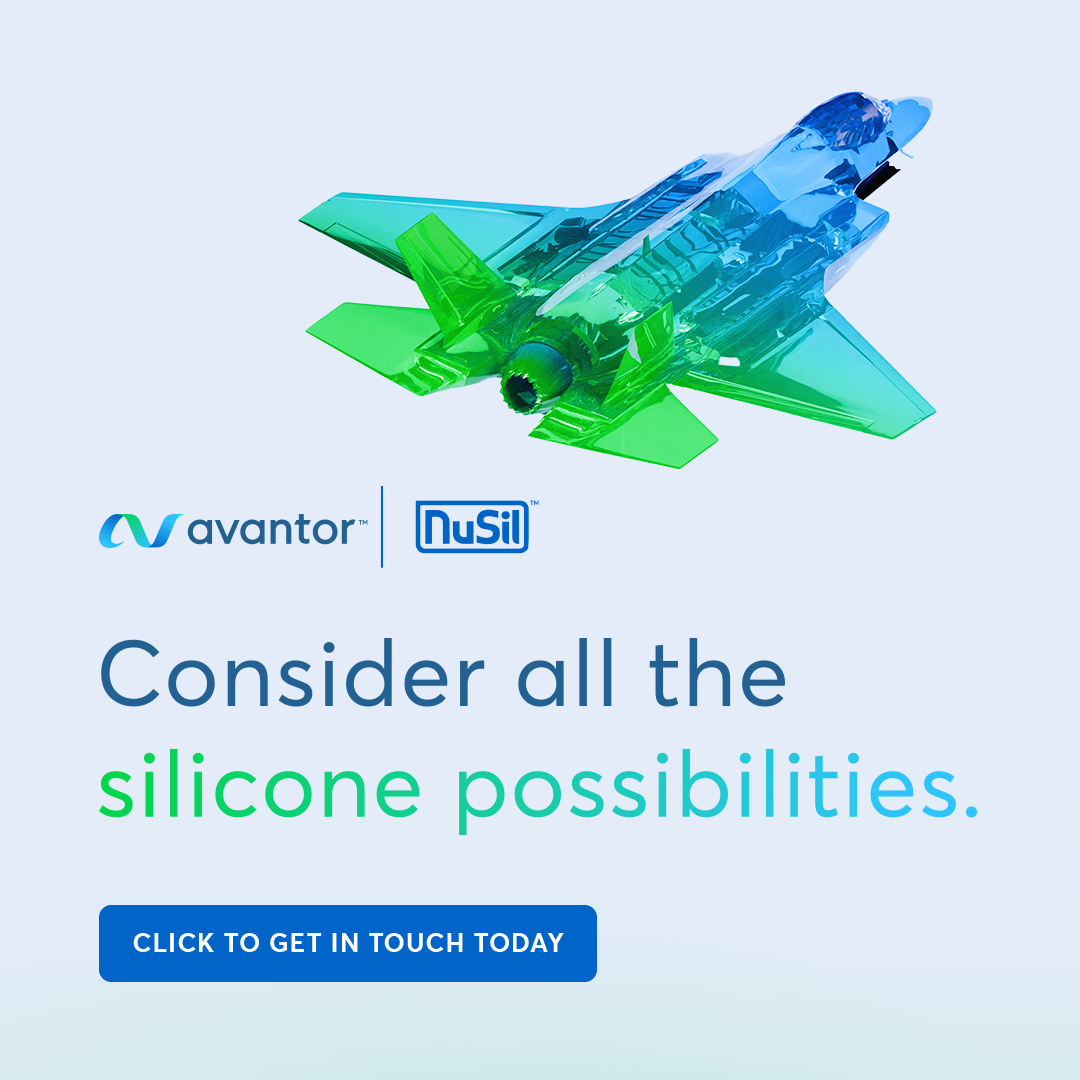 A blue and green transparent model jet above the text "Consider all the silicone possibilities." Logos for Avantor and NuSil are displayed, with a button reading "Click to get in touch today" below.