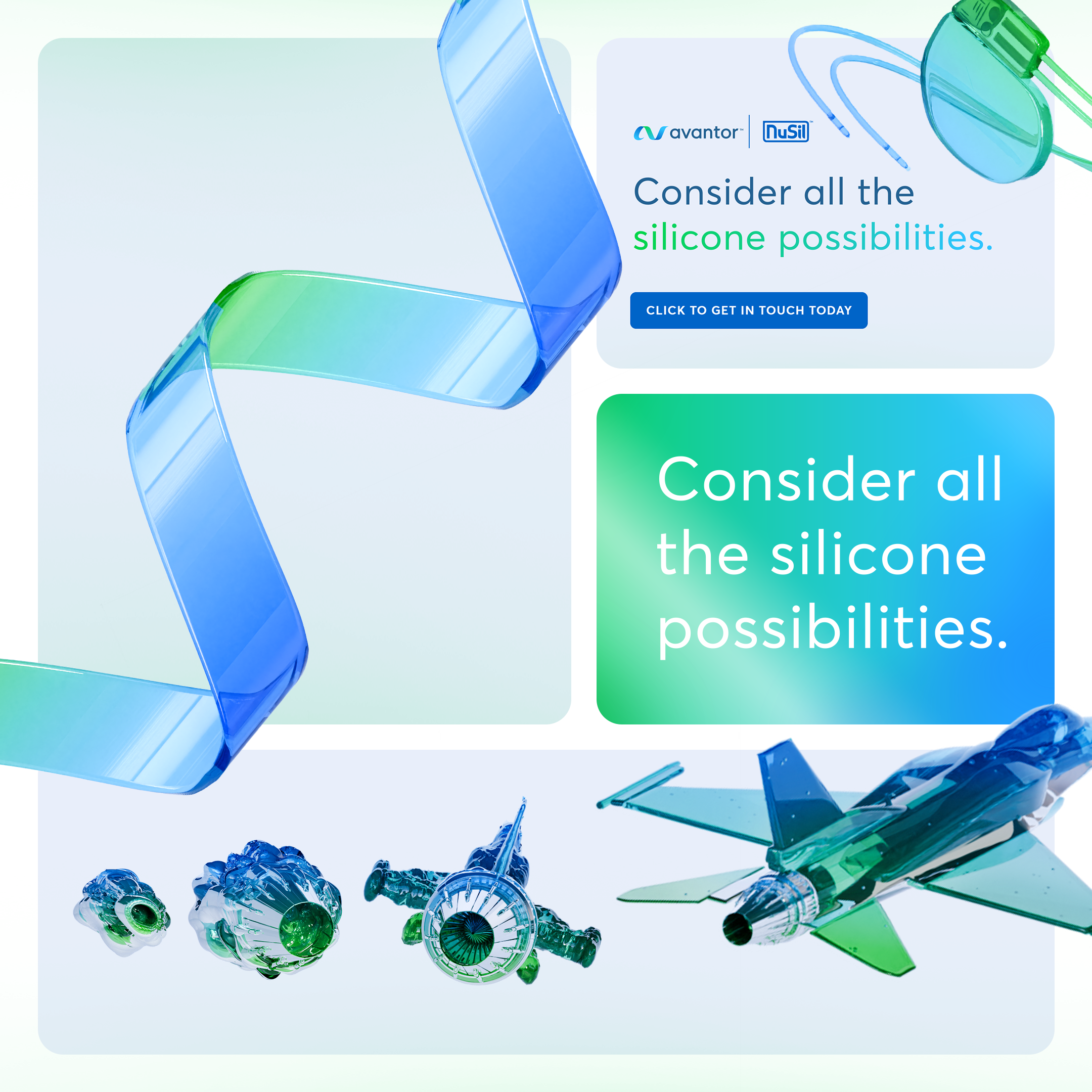 Abstract image featuring a blue and green ribbon-like shape and semi-transparent models of aircraft, a car, and other vehicles. Text reads, "Consider all the silicone possibilities." Includes logos for Avantor and NuSil.
