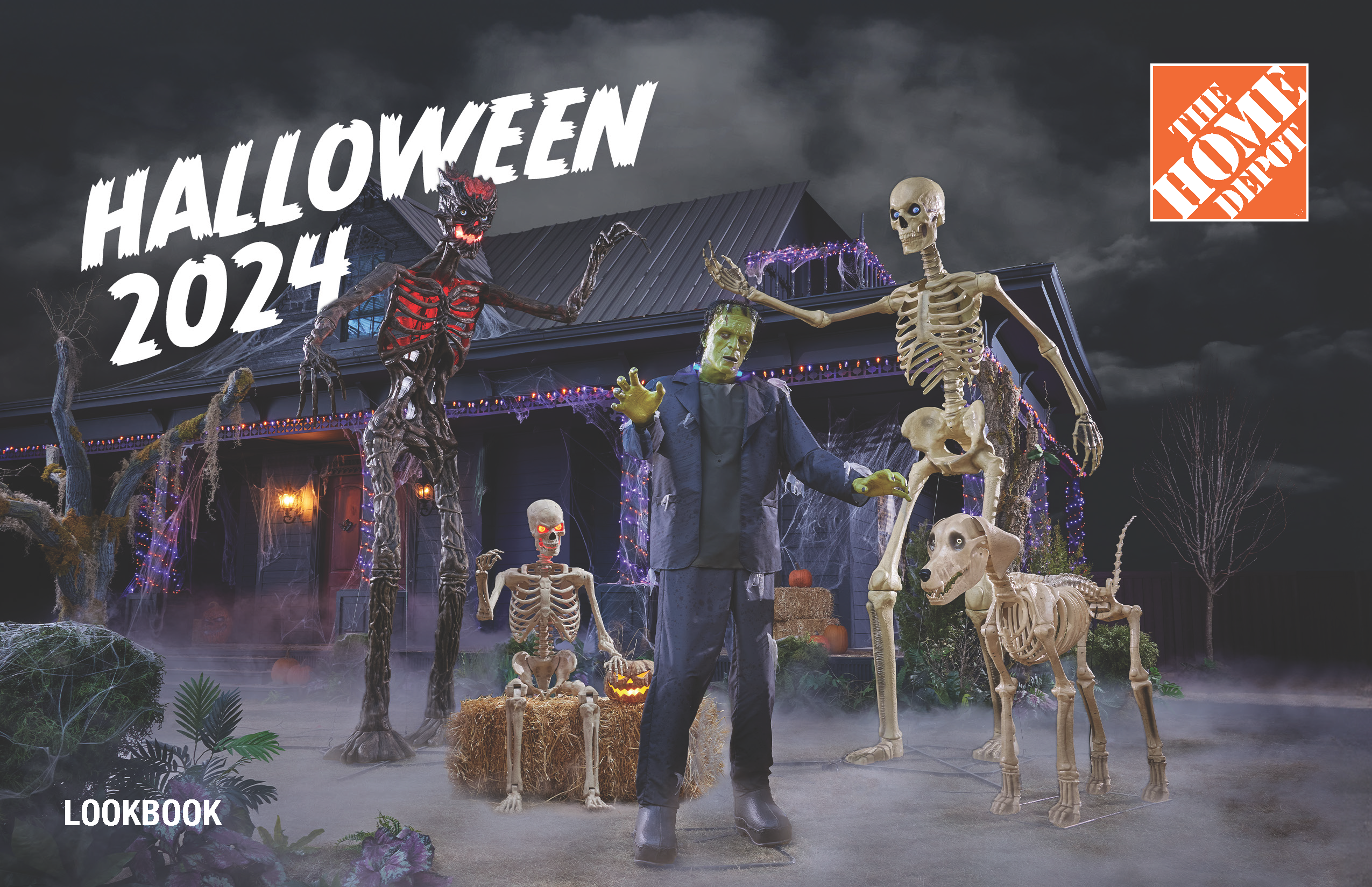 A spooky Halloween scene features various skeletons, a Frankenstein figure, and a demonic creature in a yard with Halloween decorations. The house is adorned with purple lights. Text reads "Halloween 2024" and "The Home Depot.