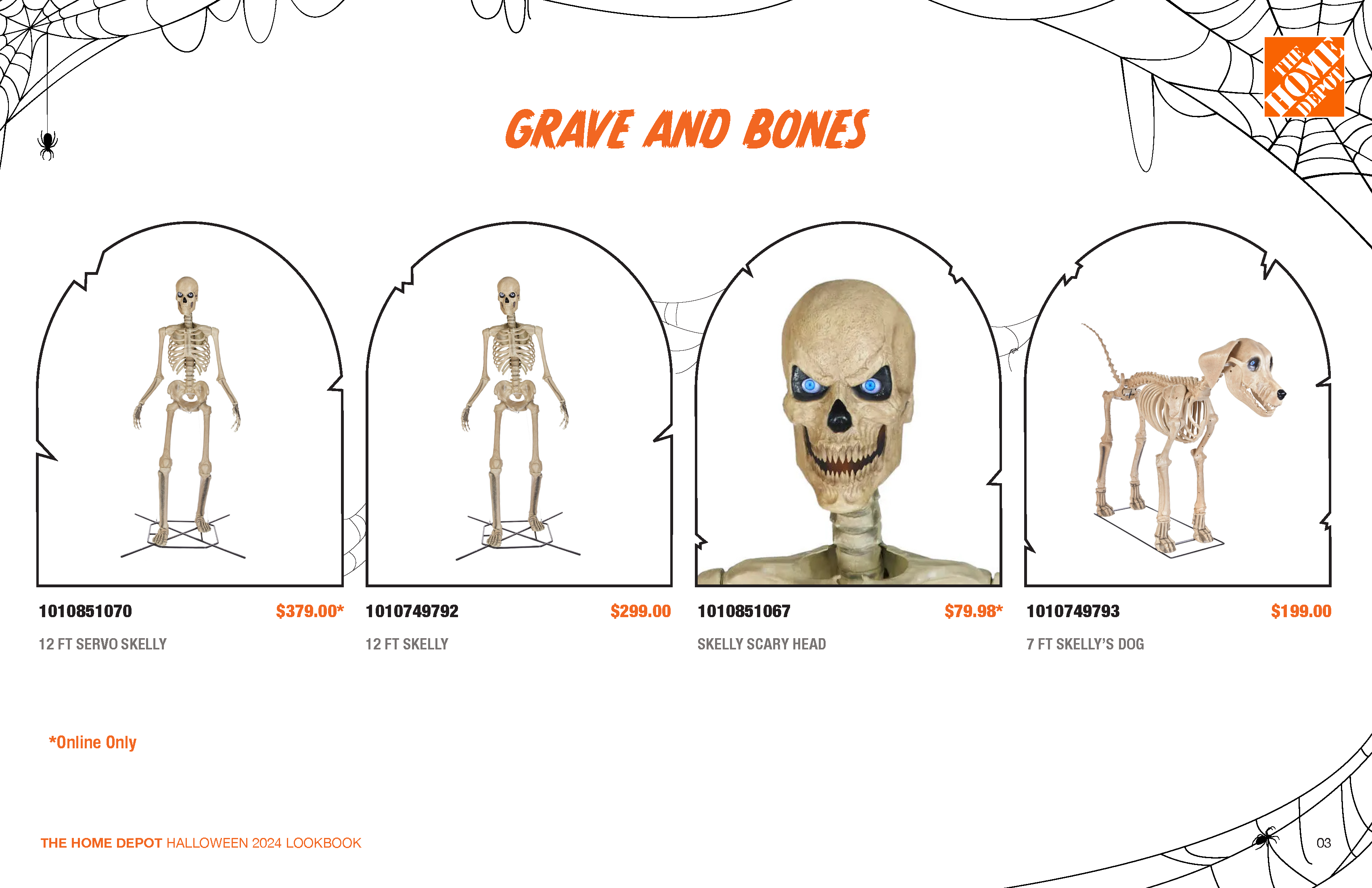A Halloween-themed image titled "Grave and Bones" features four items: a 12-foot skeleton, a 12-foot posable skeleton, a scary skeleton head with blue eyes, and a 7.5-foot skeleton dog. Prices are listed for each item, available online only.