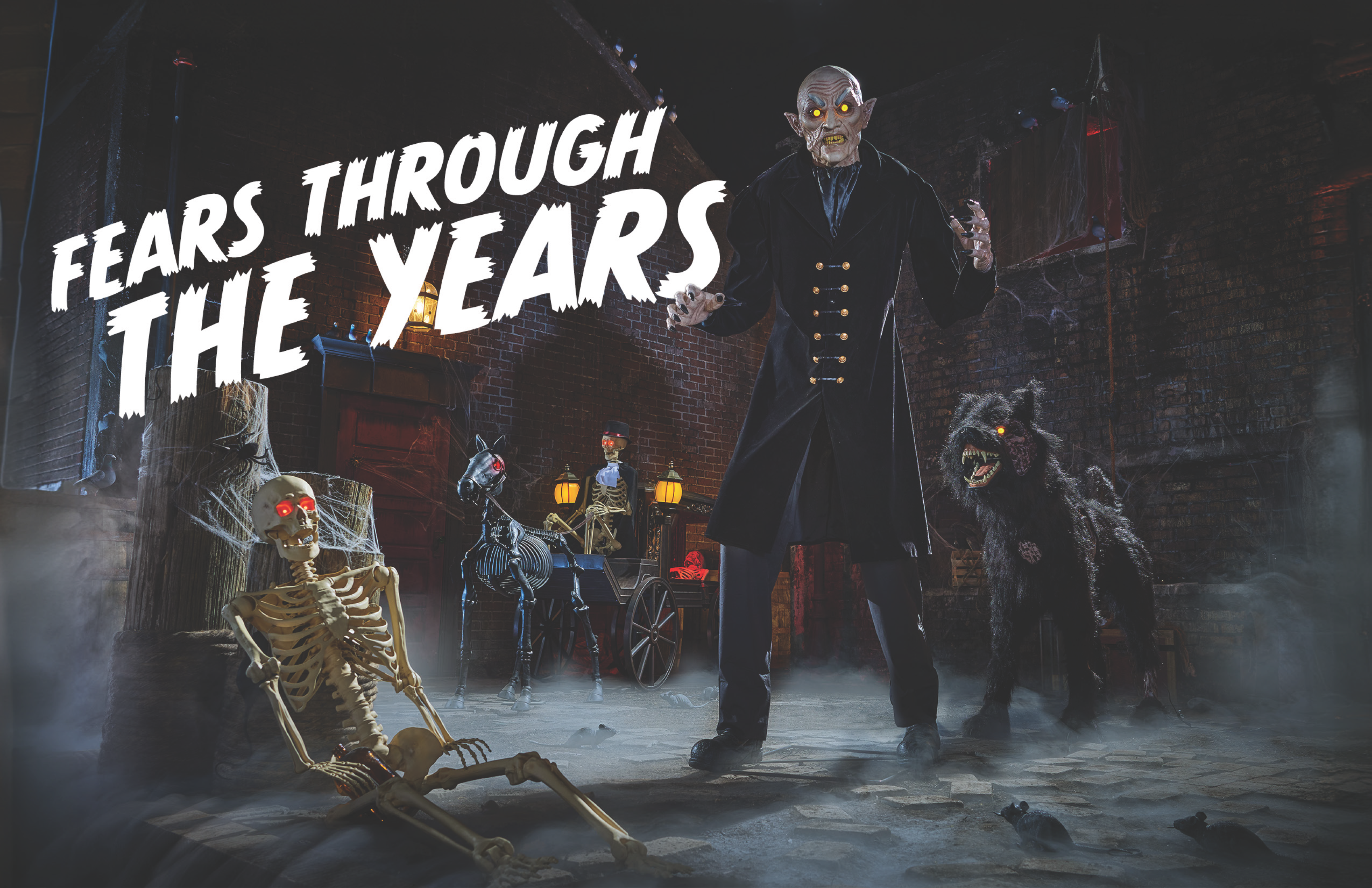 A spooky scene of a skeleton, a werewolf, and other ghoulish figures in a dimly lit, foggy alley. Large text reads "Fears Through the Years" in a dramatic font. Red lanterns illuminate the background, enhancing the eerie atmosphere.