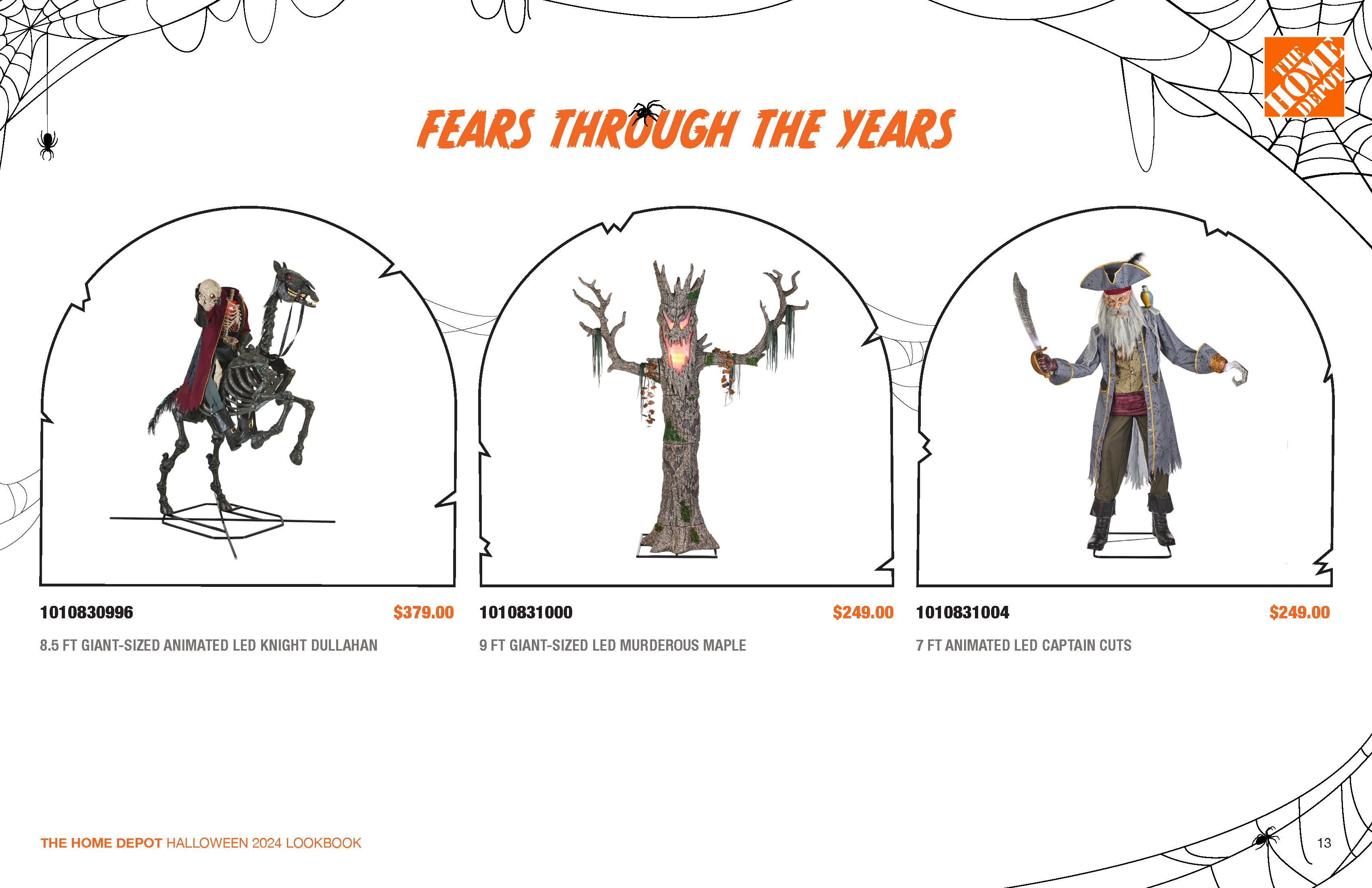 A Halloween display titled "Fears Through the Years" showcases three animated figures: a 6.5 ft Giant-Sized LED Knight Dullahan on a horse, a 9 ft Murderous Maple tree, and a 7 ft LED Captain Cutlass pirate, each with prices below them.