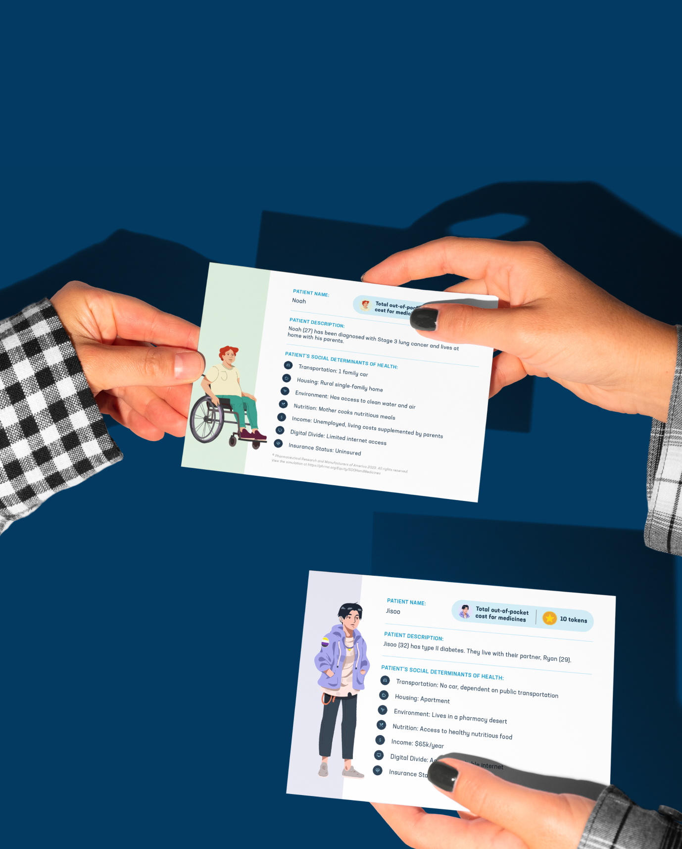 Two hands holding patient information cards against a dark blue background. One card features a male patient in a wheelchair; the other shows a female patient standing. Both cards list medical details.