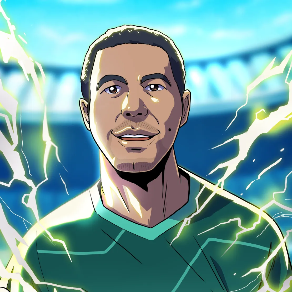 An illustrated portrait of a man in a green sports jersey, smiling with glowing lightning bolts surrounding him, set against the backdrop of a brightly lit stadium, embodies the spirit of global campaign and international relations.