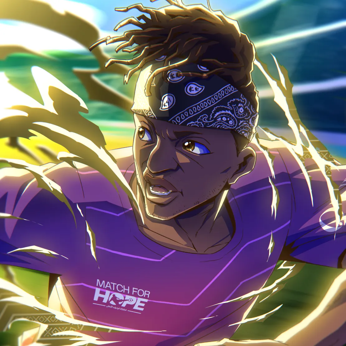 An animated character wearing a purple "MATCH FOR HOPE" shirt and a patterned bandana runs forward energetically, glowing yellow streaks surrounding them in a vivid, dynamic background—capturing the spirit of a global campaign for hope.