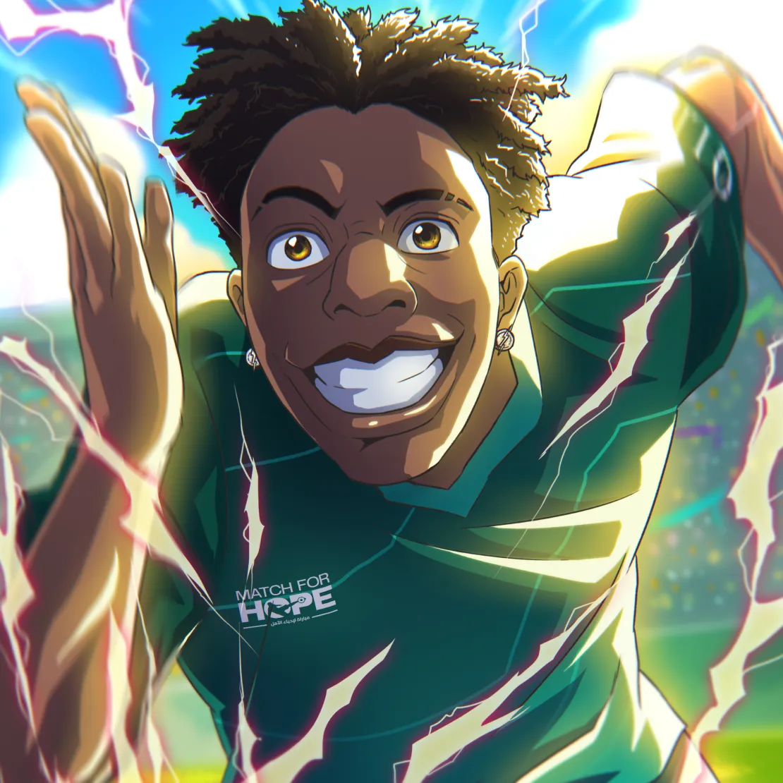 An animated character with dark skin, short spiky hair, and a big smile runs forward energetically in a green "Match For Hope" shirt, embodying public affairs energy with lightning effects and a vibrant, blurred stadium background.