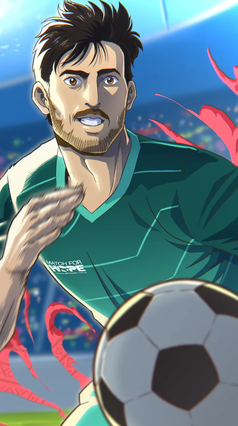 Animated illustration of a male soccer player in a green uniform running on a stadium field, with a soccer ball in the foreground and a cheering crowd behind him—capturing the spirit of Qatar's global campaign, Match for Hope.