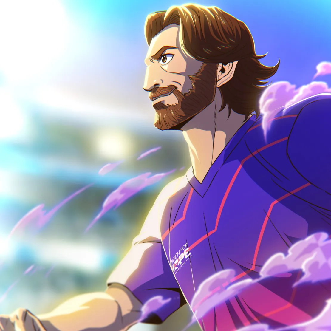 An animated male soccer player with brown hair and a beard, wearing a purple jersey, runs forward confidently—surrounded by dynamic streaks and light—echoing the excitement of a global campaign in a blurred, bright stadium background.