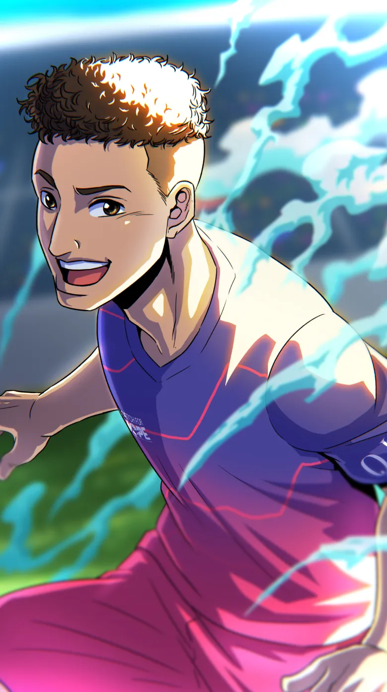 An animated soccer player with curly hair, wearing a purple and pink uniform, smiles energetically as blue lightning swirls around him on a vibrant field during the global campaign Match for Hope.