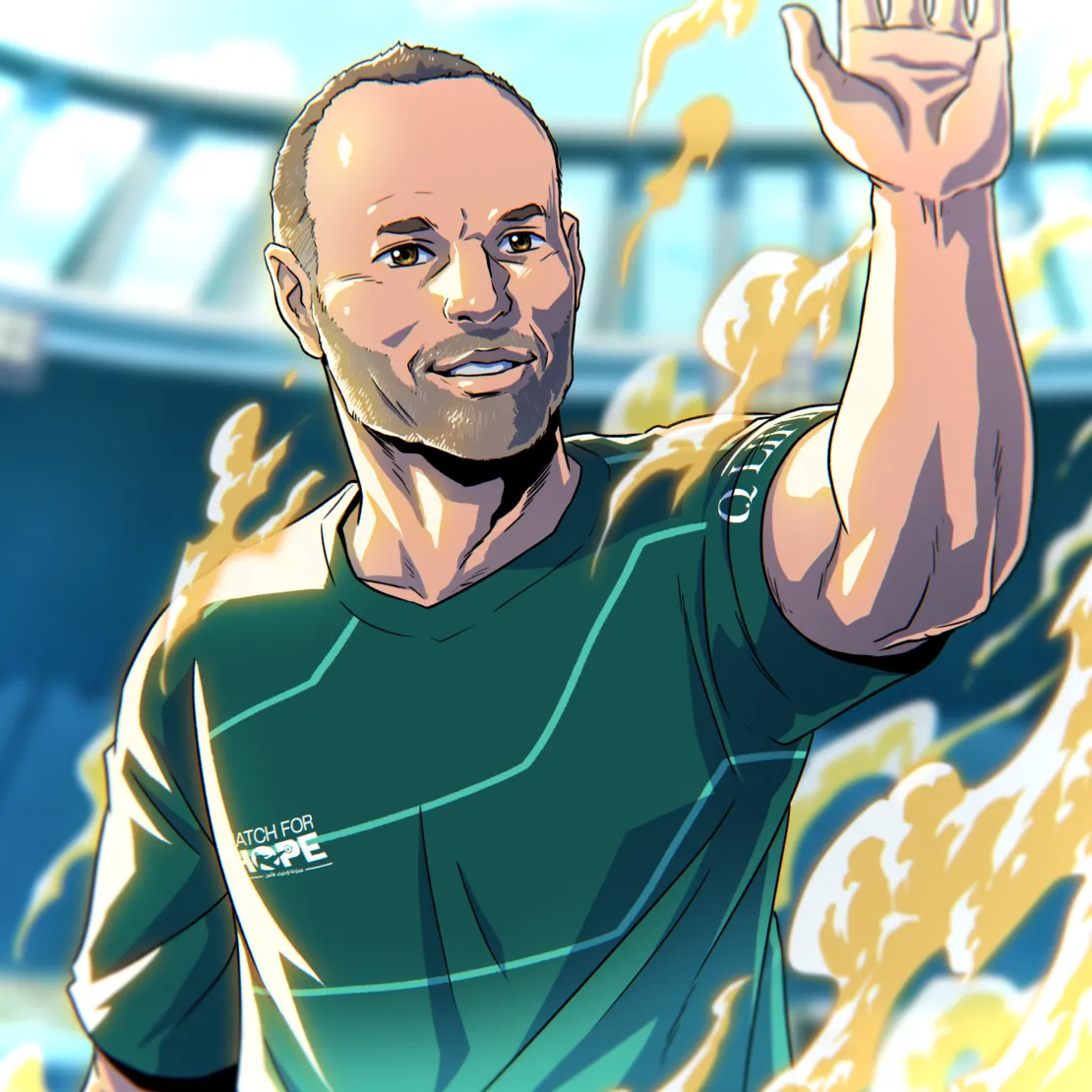 An animated illustration of a smiling male soccer player with short hair and a beard, wearing a green jersey, raising his arm in a stadium—bright yellow energy-like streaks surround him, capturing the excitement of a global campaign.
