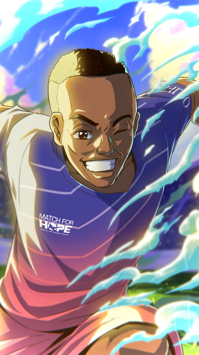 Animated illustration of a smiling soccer player in a purple “Match for Hope” shirt, running with arms wide under a bright sky, surrounded by dynamic, colorful streaks of light—capturing the global campaign’s spirit held in Qatar.