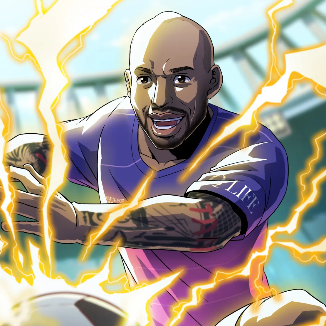 An animated soccer player with tattoos and a shaved head smiles while reaching for a soccer ball, surrounded by dramatic yellow lightning bolts on a stadium background—capturing the global energy of international relations.