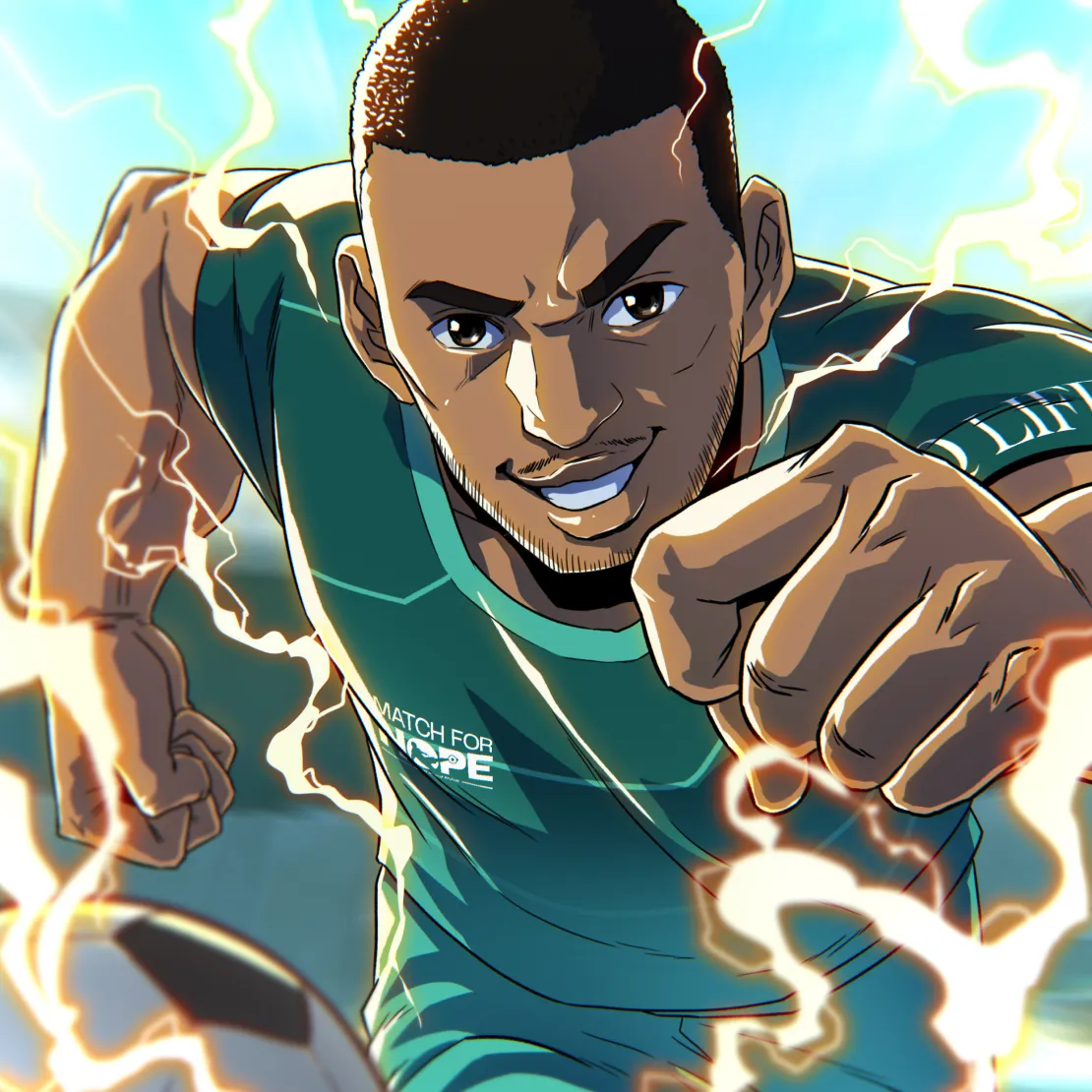 An animated soccer player in a green jersey, fueled by crackling yellow energy, sprints forward with determination—embodying the intensity and dynamism often seen in international relations on the global stage.