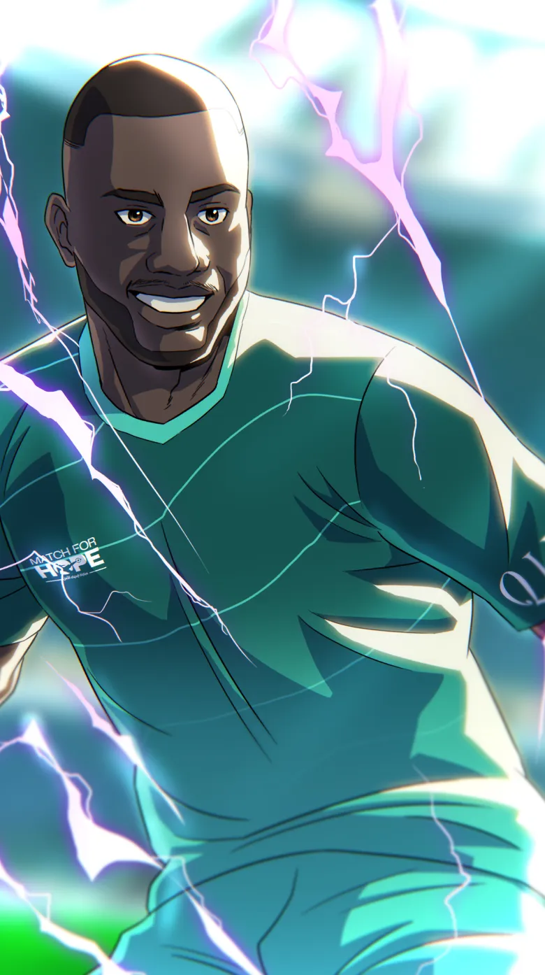 An animated illustration of a smiling male soccer player in a green uniform, surrounded by bright purple lightning, with a blurred stadium background, inspired by the Match for Hope global campaign in Qatar.