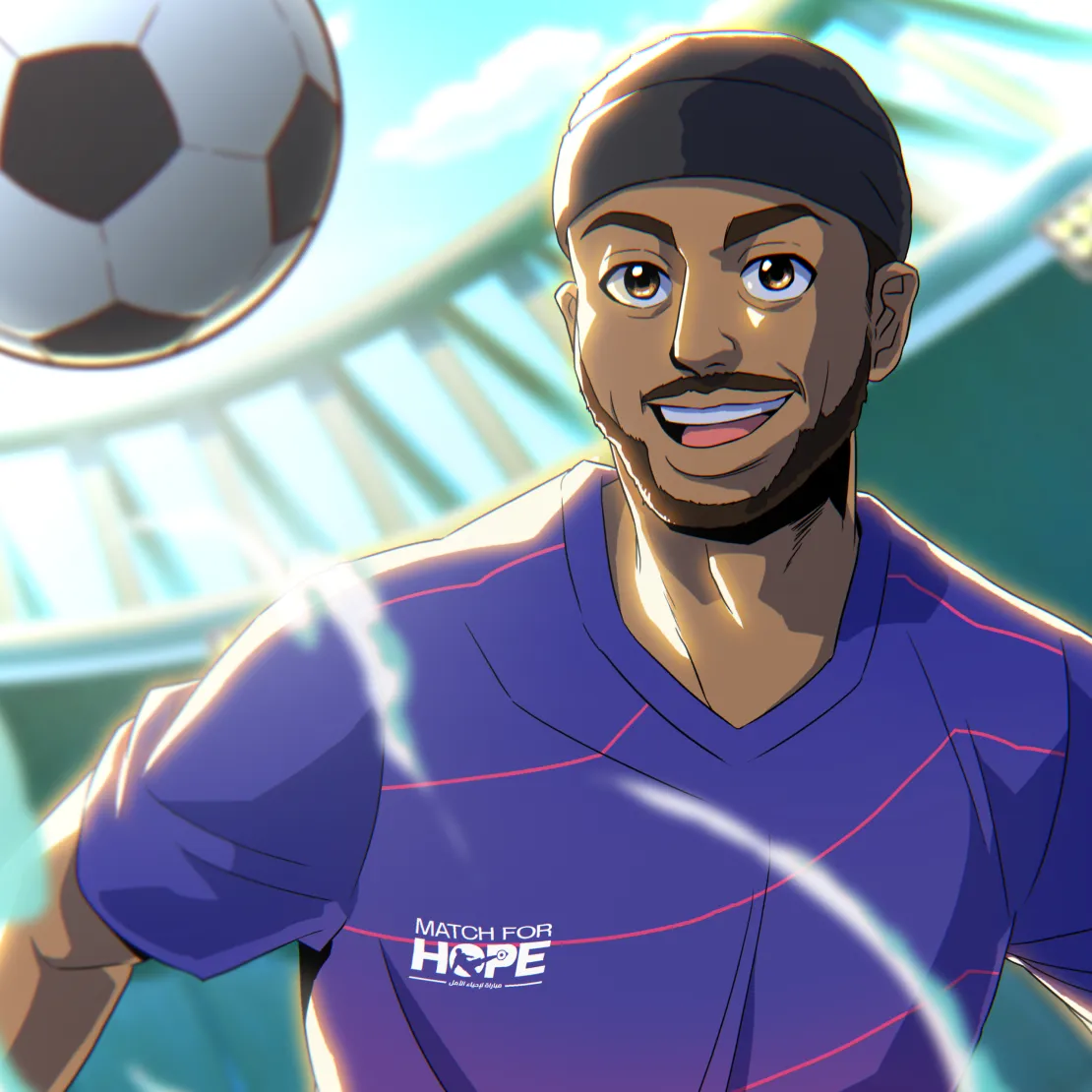 An animated illustration of a smiling soccer player in a purple "Match for Hope" jersey, with a soccer ball in the air and stadium lights shining—perfect for a global campaign aimed at uniting fans worldwide under a bright sky.