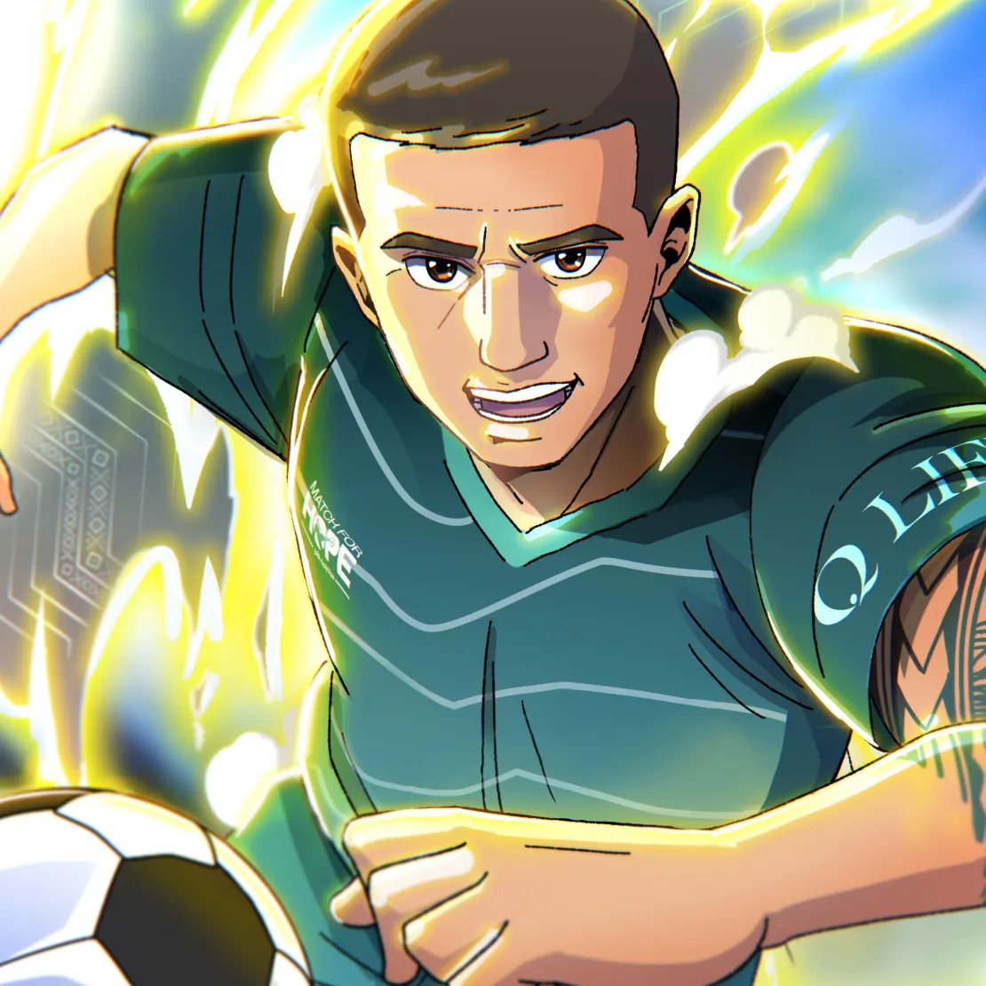 An animated soccer player in a green jersey charges forward energetically, surrounded by glowing yellow energy—a scene that captures the spirit of international relations and teamwork, with a soccer ball in the lower corner suggesting intense action and determination.