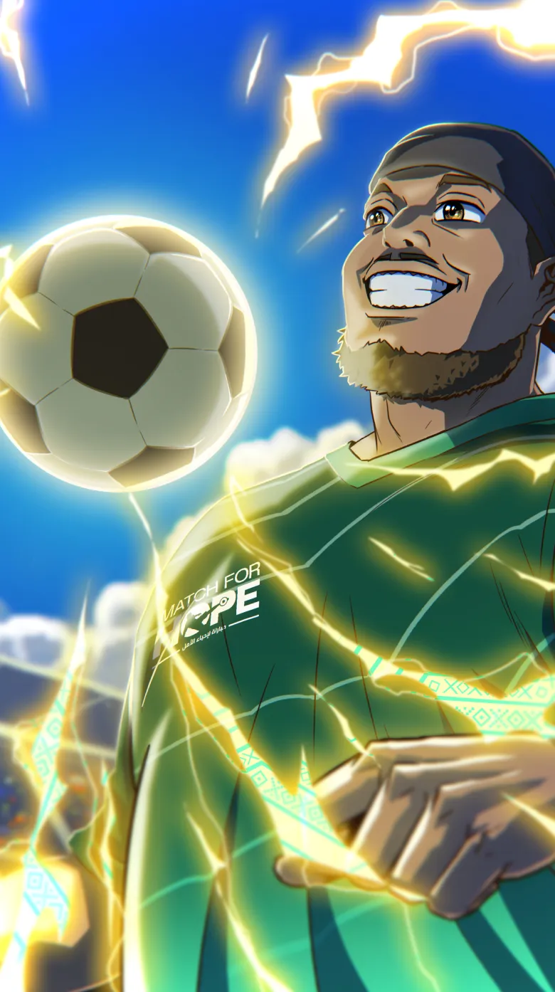An animated soccer player in a green jersey smiles confidently as he prepares to head a glowing soccer ball, surrounded by dynamic yellow energy streaks—a vibrant scene inspired by the Match for Hope global campaign against a bright blue sky.